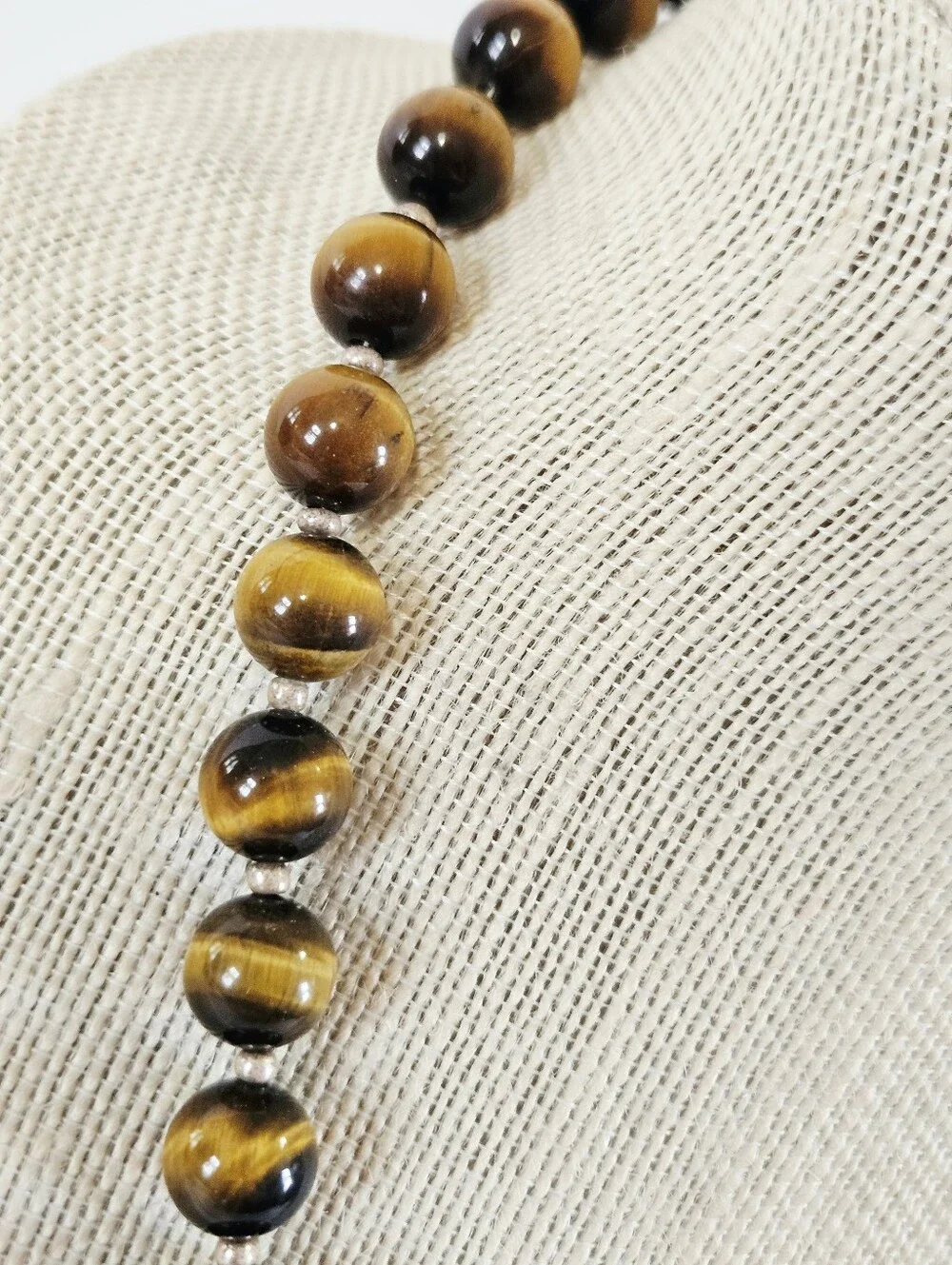 Vintage Tigers Eye Chatoyant Sterling Silver Clasp Long Round Beaded Necklace